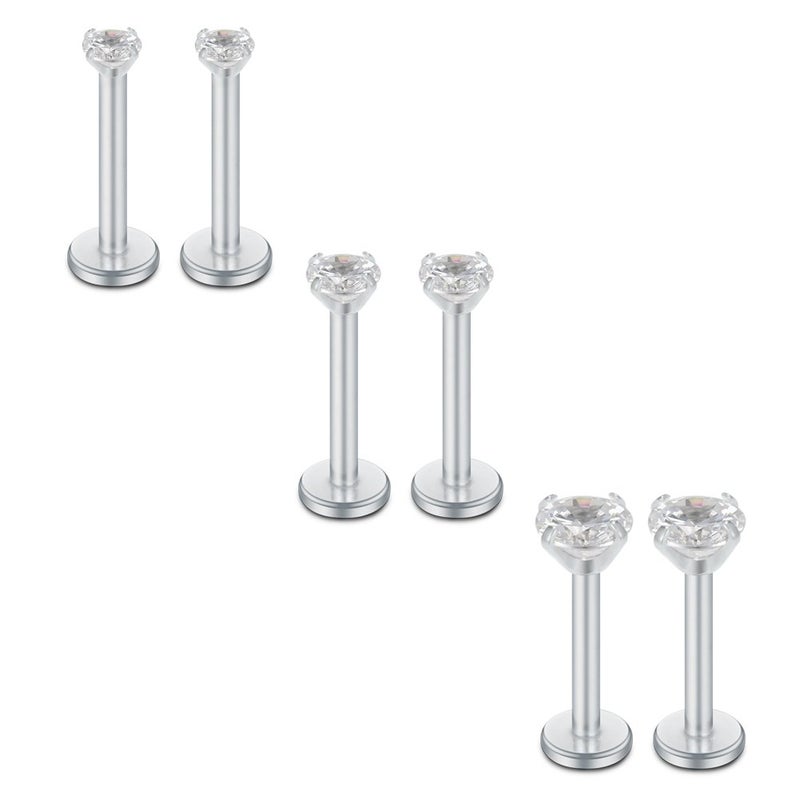 SCERRING 3PRS(6pcs) 16G 2-4mm Clear CZ Internally Threaded Labret Monroe Lip Ring Tragus Nail Helix Earring Stud Piercing Jewelry Bar Length 6mm - Silver - Image 1